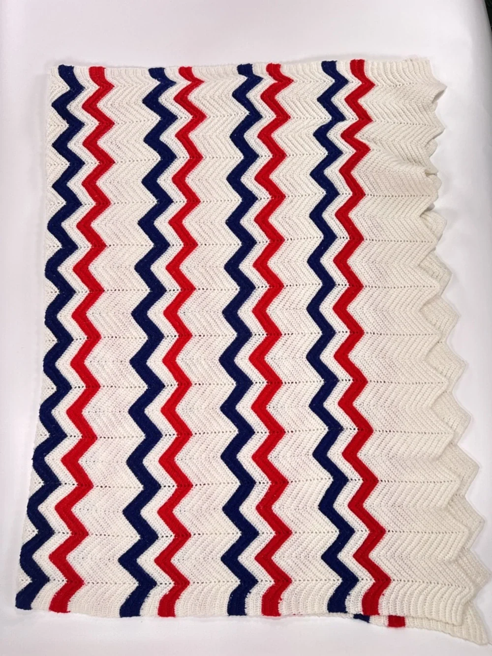 Handmade Red White Blue Chevron Crochet Afghan Blanket Throw 58x36
